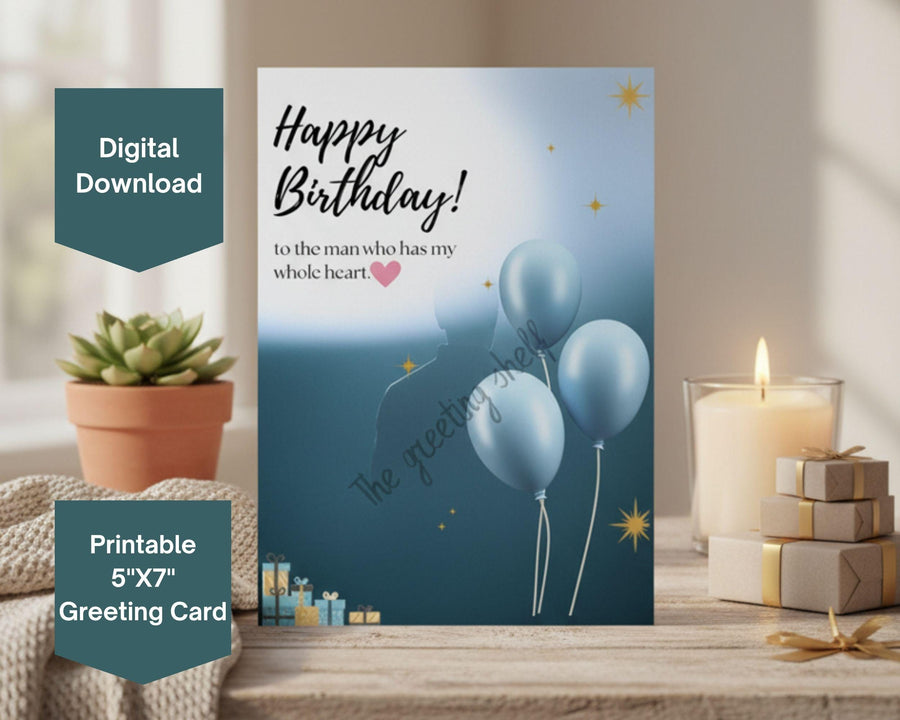 Romantic Birthday Card for Husband Boyfriend | Elegant Blue Balloons (Digital Download)