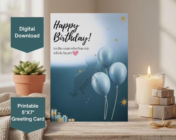 Romantic Birthday Card for Husband Boyfriend | Elegant Blue Balloons (Digital Download)
