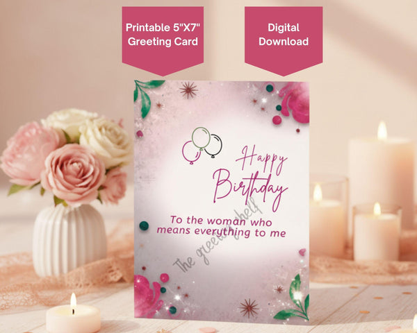 Romantic Birthday Card for Wife, Girlfriend | Watercolor Floral Design (Digital Download)
