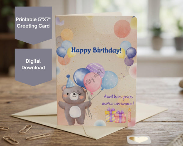Printable Birthday Card, Bear Balloons, Kids Greeting (Digital Download)