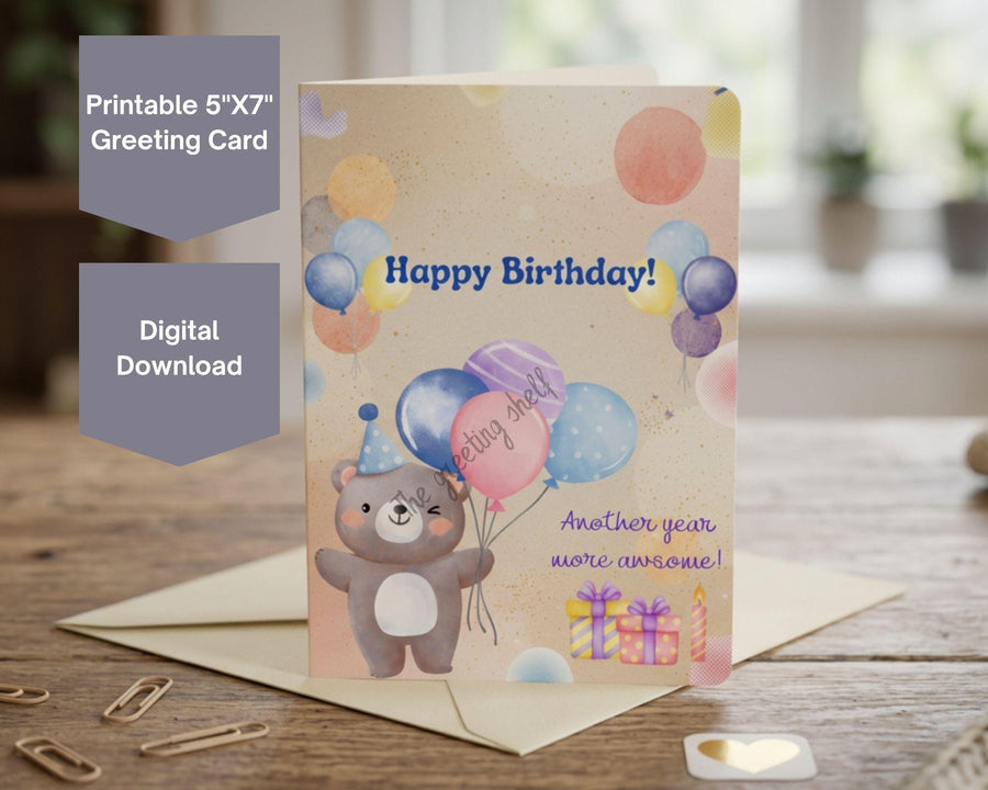 Printable Birthday Card, Bear Balloons, Kids Greeting (Digital Download)