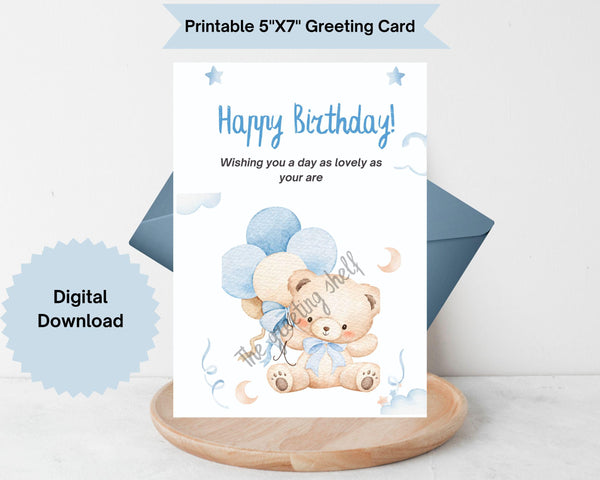 Printable Birthday Card, Teddy Bear with Balloons, Sweet Message (Digital Download)